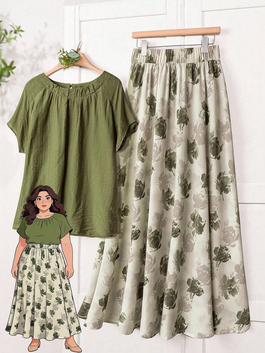 Rusticease Conjunto de 2 piezas de blusa de cuello redondo y manga raglán con textura y falda casual de verano para tallas grandes - Multicolor - Ver 1