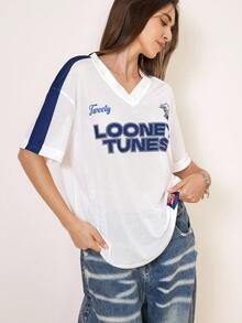 LOONEY TUNES X SHEIN Áo thun nữ thời trang xuyên thấu, chất liệu lưới, in chữ, cổ chữ V, tay ngắn. - trắng - Xem 3