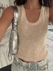 EMERY ROSE Women's Fashion Casual Champagne Gold V-Neck Glitter Knit Sweater Vest Women Casual Outfits Women's Summer Outfits Women Spring Outfit Outfit Summer - Champagne - View 4