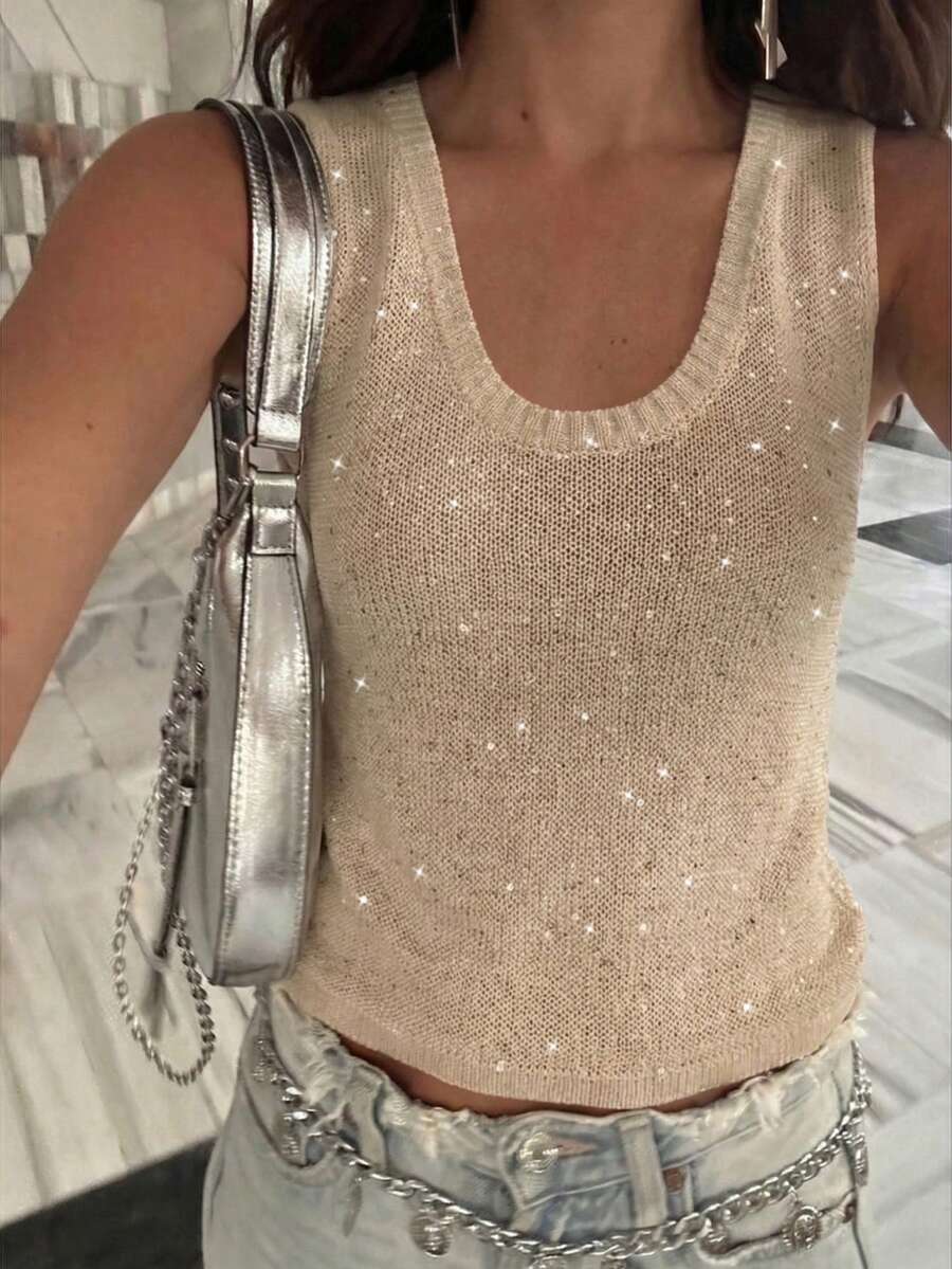 EMERY ROSE 女士时尚休闲香槟金V领亮片针织毛衣背心 女士休闲穿搭 女士夏季穿搭 女士春季穿搭 夏季穿搭 - 香檳色 - 查看 1