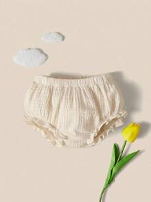SHEIN 新生儿纯色褶皱松紧腰休闲短裤 - 米色 - 查看 2