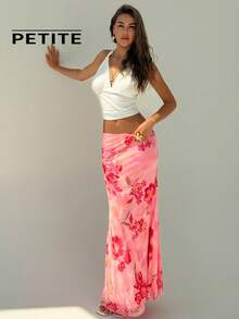 SHEIN Aloruh Petite 娇小女装夏季新款粉色优雅印花波西米亚风热带海滩度假低腰长裙 - 粉色 - 查看 6