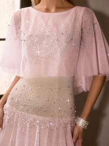 MOTF PREMIUM WOMEN'S NEW MESH RHINESTONR LAYERED FORMAL DRESS, ETHEREAL SHEER RUFFLE HEM MAXI DRESS, GALA RUNWAY EVENING GOWN - Baby Pink - View 4