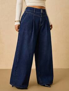 SHEIN Tall CURVE Plus Size Solid Color Slant Pocket Pleated Loose Fit Jeans - Dark Wash - View 3