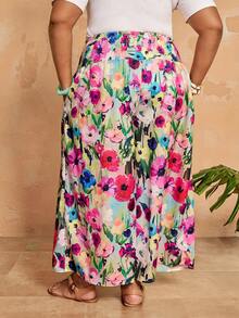SHEIN CURVE+ 大码女式印花束腰宽松阔腿裤，带口袋，休闲度假风，春夏女裤，波西米亚风度假裤，花卉/春季 - 彩色 - 查看 3