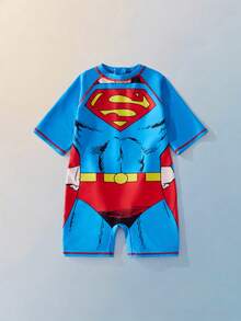 SUPERMAN X SHEIN Maija Kids 男童春夏修身拼接泳装，合作款 - 藍色 - 查看 5