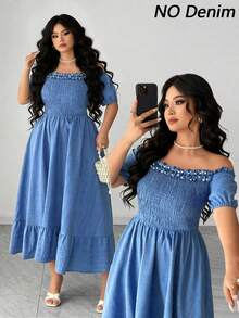 Elenzga Vestido elegante de verano para mujer de talla grande con volantes de perlas, hombros descubiertos, mangas abullonadas y cintura ceñida. Adecuado para citas, eventos de tarde, vacaciones, paseos por la ciudad y reuniones con amigos - Azul - Ver 1