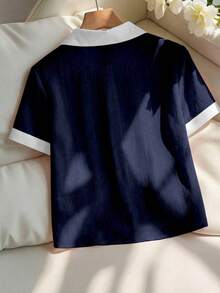 SHEIN Franclia Women's Elegant Pink Chiffon Crinkle White Collar Loose Short Sleeve Blouse - Navy Blue - View 2