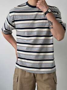 DAZY Men's Multicolor Striped Crew Neck Short Sleeve T-Shirt, Summer,Back To School Clothes - Grey - View 5