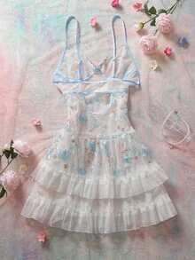 FairyFlirt 花卉刺绣拼接薄纱系带性感睡裙（女士款） - 白色 - 查看 2