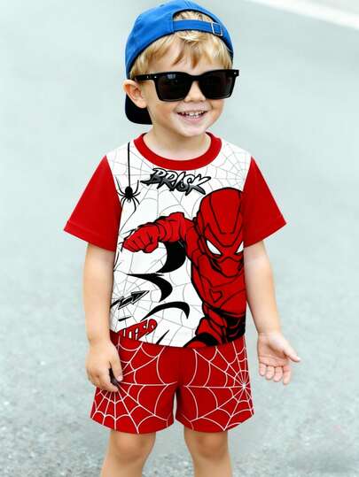 Bộ áo thun ngắn tay và quần short in hình nhện hoạt hình, thoải mái, phong cách, cá tính dành cho bé trai, thời trang đa năng, thích hợp cho mùa xuân/hè, mang đến không khí mùa hè, kiểu dáng mới, phù hợp cho chụp ảnh, mặc hàng ngày, đi chơi, nghỉ lễ, làm quà tặng.