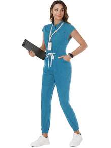 TaskEZ Uniforme de enfermera quirúrgica de mujer  TaskFit, bata de enfermera, uniforme de trabajador de salud con estampado de escarcha, mono con mangas de hombro, 4 bolsillos y cordón en la cintura - verde menta - Ver 8