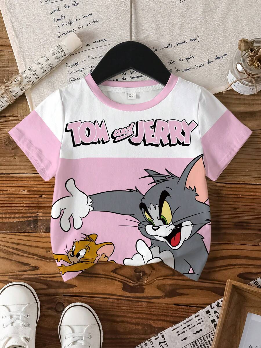 TOM & JERRY X SHEIN Young Girl Letter & Cartoon Print Color Block Round Neck Short Sleeve T-Shirt - White - View 1