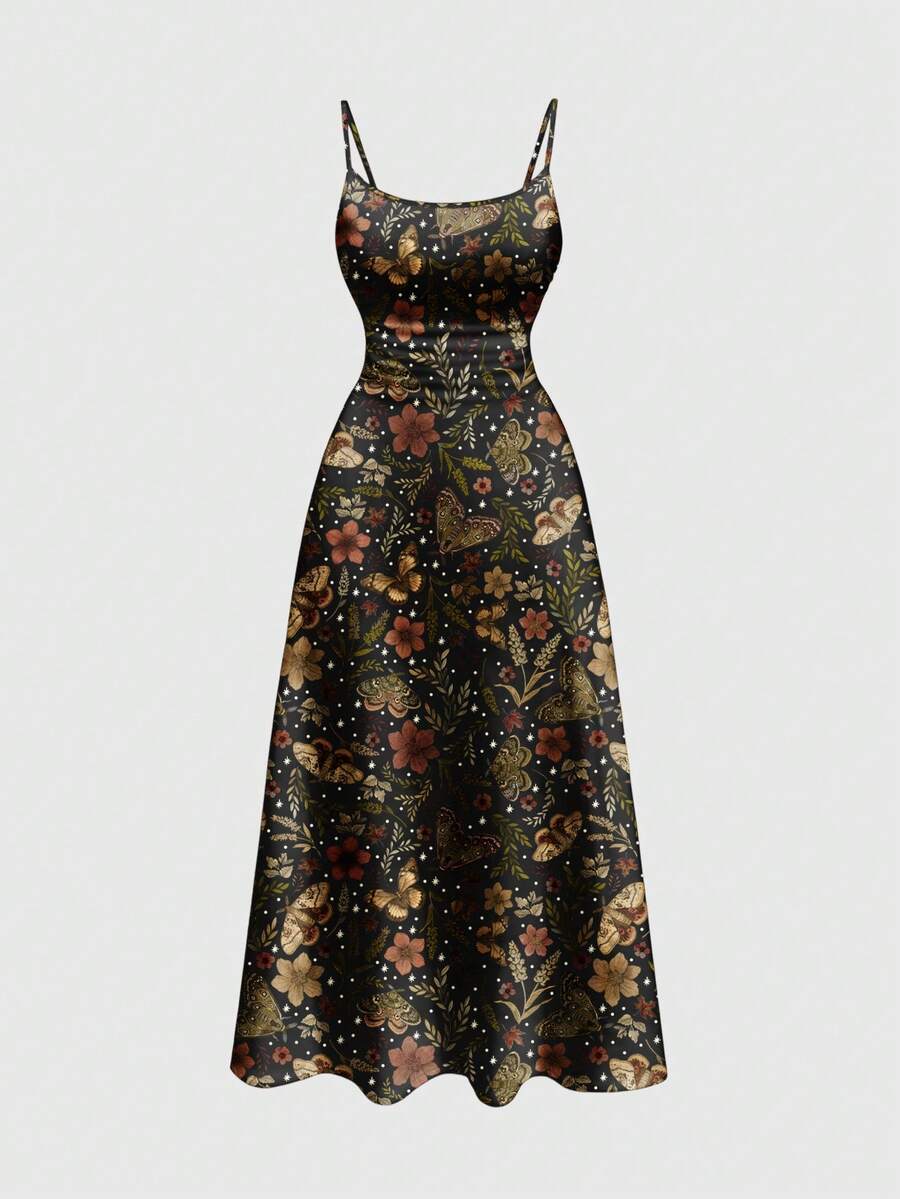 ROMWE Fairycore Vestido camisero con volantes con estampado floral, de hojas y mariposas en talla grande, vestido de fiesta y cóctel sexy con tirantes finos y escote bajo - Negro - Ver 1