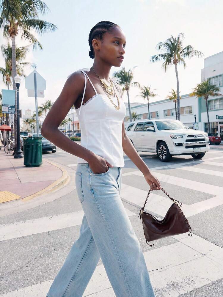 SHEIN Maija Women's Summer Minimalist Solid Color Shoulder Tie Contrast Lace Camisole