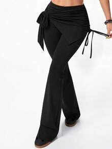 Mulvari Quần legging nữ kiểu dáng thường ngày, có dây rút, kiểu 2 trong 1. - màu đen - Xem 6