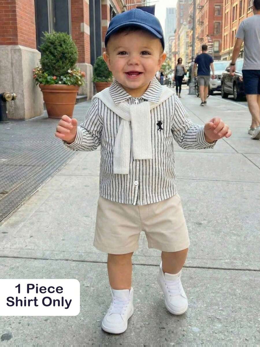 SHEIN Playful Pals 婴儿及幼儿男童经典街头风红白格子骑士刺绣长袖POLO衫,舒适透气,适合春秋季节、派对、日常穿着、上学及旅行。 - 深灰色 - 查看 1