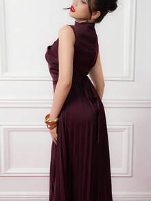 Criza Taa Women's Elegant Ruffle Sleeveless Swing Neck A-Line Dress/Umbrella Skirt/Back To School/School Clothes /Party/Old Money Style Women/Going Out Outfits / Party Outfit Women/Office Outfits For Women/Imitation Apricot Skirt - Burgundy - View 2