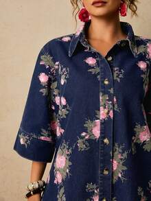 Travachic Plus Size Casual Boho Floral Print Button Front Denim Dress Vacation Dusty Blue Autumn - Dark Wash - View 6