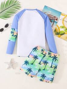 SHEIN Tween Boy Casual Fitted Video Game Glow-In-The-Dark Pattern Tankini 2 Pieces Swimsuit, Suitable For Spring/Summer, Beach Vacation - Multicolor - View 4
