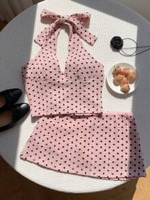 Comfortcana Women's 1960s Cute Vintage Pink And Black Polka Dot Summer Vacation 2-Piece Set,Textured Ruched Halter Neck Tie Waist Top And Skirt,Beach Vacation - Pink - View 3