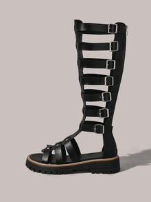 Styleloop Giày Roman mới, giày đinh tán liễu, bốt rỗng thoáng mát, sandal đế bằng cổ trung bình, kiểu dáng thường ngày, gợi cảm, thoáng khí dành cho nữ, thích hợp cho lễ hội mùa hè, bãi biển, kỳ nghỉ, tiệc tùng. - Màu đen - Xem 3