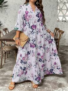 SHEIN LUNE 大码女式碎花V领七分袖宽松休闲连衣裙 - 彩色 - 查看 5