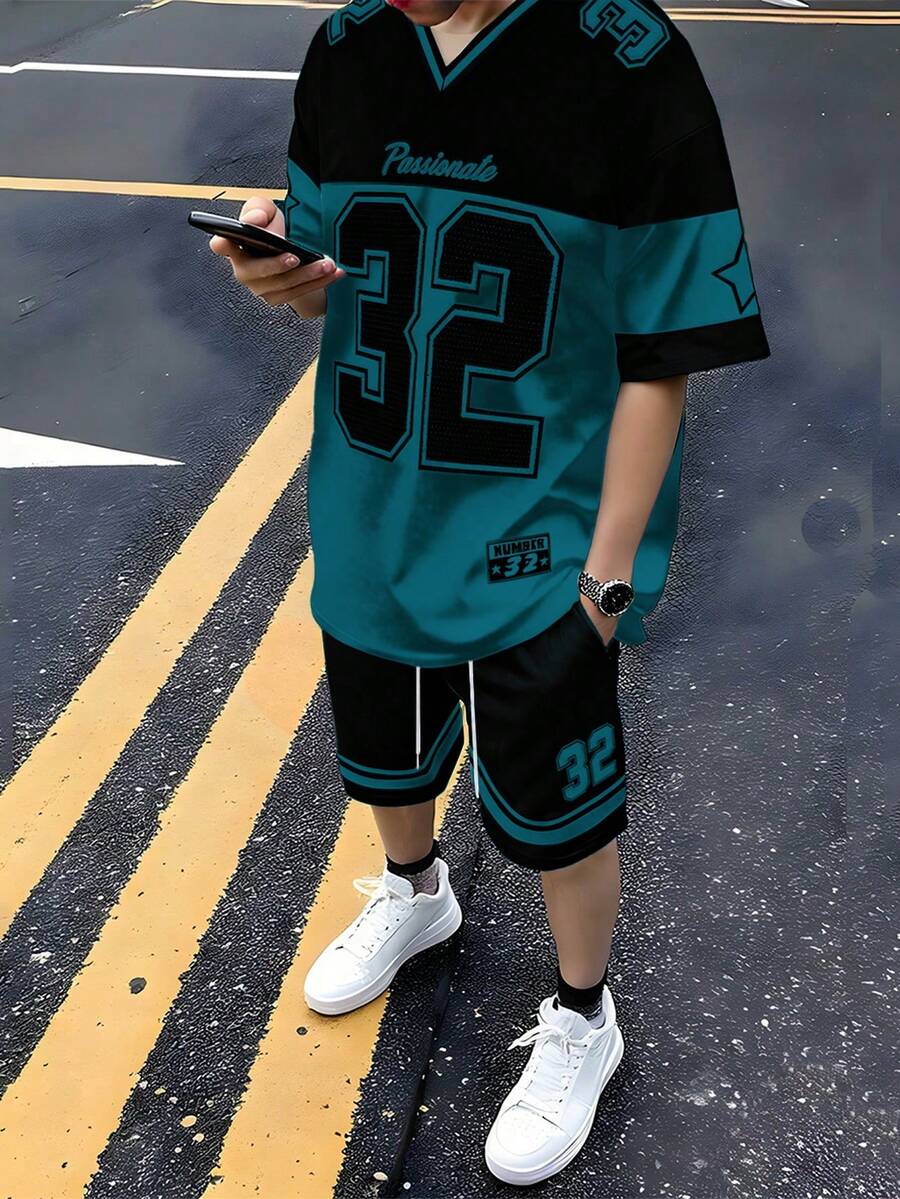 Manfinity Campus Court Street Style Retro American Basketball Inspired Numeric 32 & Letter Print V-Neck Short Sleeve Shorts Set - Multicolor - View 1