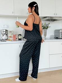 ZzzCrew Conjunto de pijama de camiseta de tirantes y pantalones con estampado de corazón y encaje en contraste para mujer talla grande, lindo y sexy, se puede usar como ropa exterior - Negro - Ver 11