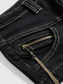 ROMWE Plus Size Women's Y2K Baddie Metal Chain Cross Pendant Super Low-Rise Denim Shorts - Black - View 3