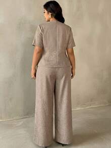 Auralis Elegant Brown Summer Formal Women Commuter Workwear Plus Size Two Piece Set,V-Neck Short Sleeve Wrap Blouse Straight Leg Pants Office Outfit Suit - Khaki - View 2