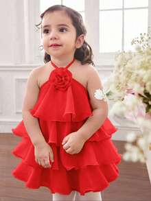 Babygirl Cute & Elegant Ruffle Floral Sleeveless Dress - Red - View 9