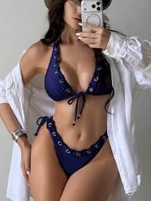 Swim SXY 女士夏季度假休闲沙滩装纯棕色两件套，挂脖系带比基尼，带金属孔眼抽绳，亮面面料泳衣 - 藏蓝色 - 查看 3