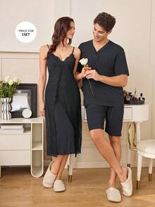 CoupledUp 男士休闲V领半拉链短袖短裤两件套家居服 - 黑色 - 查看 2