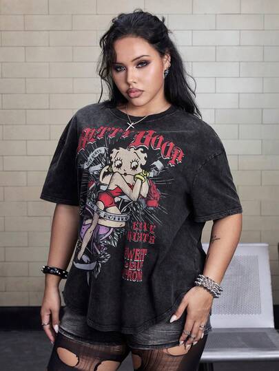 Betty Boop | ROMWE Camiseta de manga corta con estampado de dibujos animados para tallas grandes