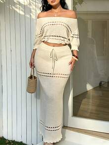 Sunnyshic Plus Size Women's Elegant, Sexy, Bohemian Style Off-Shoulder, Hollow-Out, Ruffle, Cinched Waist Short Knit Top And Drawstring Tie, Straight, Slimming Long Skirt Set, Suitable For Dates, Festivals, Picnics, Photoshoots, Vacations Now Trending Outfits For Women 2 Piece Two Piece Casual Sets Knitwear 2 Piece Zoey Outfit Daily Wear Casual Vacation Cruise Travel Beach Sunbathing - Apricot - View 4