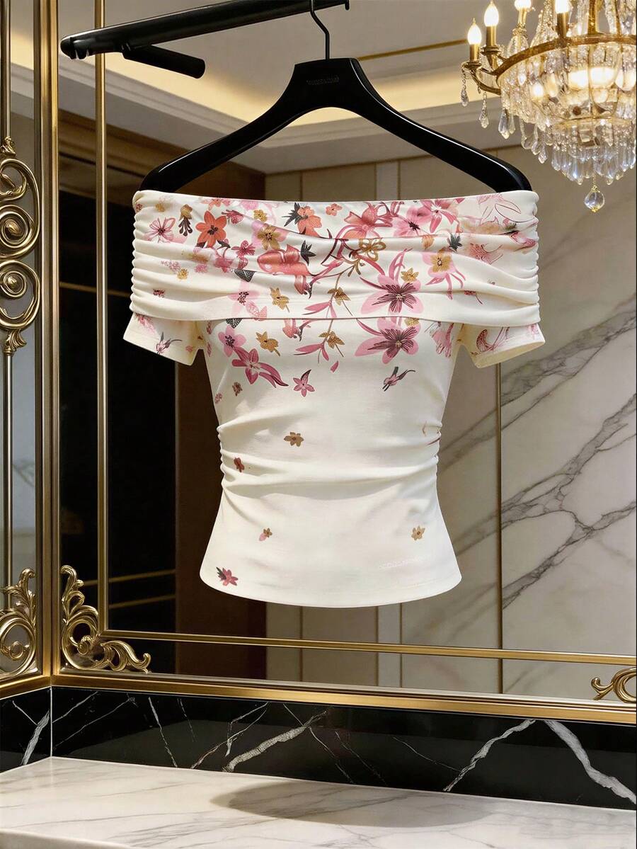 SHEIN Franclia 女士数码印花露肩领针织短袖上衣 - 白色 - 查看 1