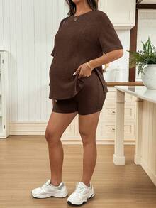 SHEIN 2pcs Maternity Set: Solid Color Round Neck Nursing Functional Top And Adjustable Waist Casual Shorts - Coffee Brown - View 3
