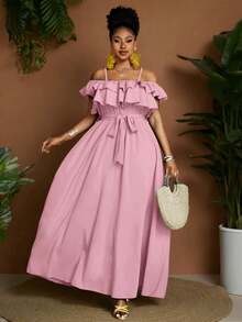 Maweii Plus Size Elegant Solid Color Ruffle Off-Shoulder Waist Tie Dress, Summer Holiday Dusty Pink - Pink - View 1