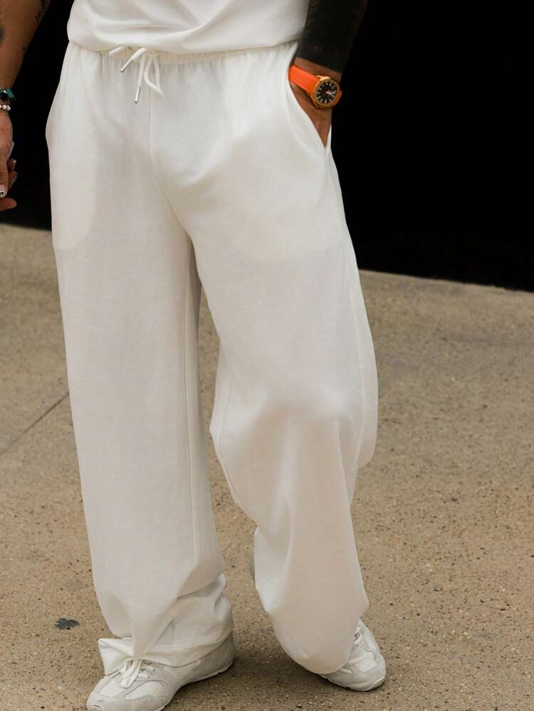 Long Solid White Loose Elastic Waist Men's Sweatpants
