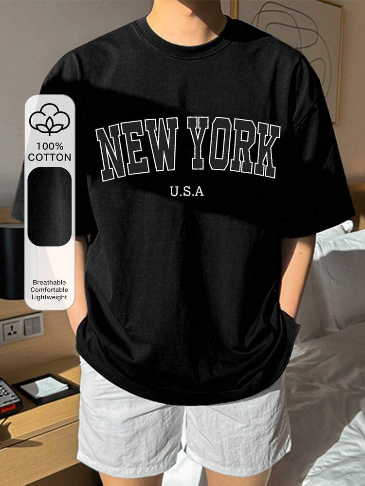 Men's Letter Print Black Short Sleeve T-Shirt, Suitable For Summer,Graphic Tees