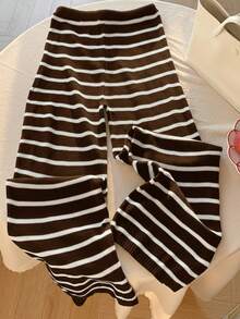 Comfortcana Plus Size Women Casual Striped Knit Sweater & Pants Set - Brown - View 2