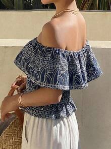 DAZY Women's Solid Color Strapless Off-Shoulder Elegant Cropped Blouse, Autumn Boho Vacation Outfits Women Summer - Dusty Blue - View 2