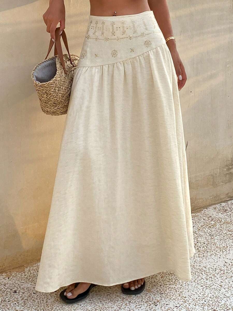 DAZY Rhinestone Embellished Loose Flared Skirt, Elegant Summer Holiday Dress For Women - Apricot - View 1