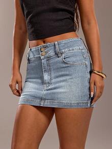 SHEIN Forever 21 Women Double Breasted Waist Design High Street Spice Retro Wash Water Blue Denim Mini Skirt - Baby Blue - View 5