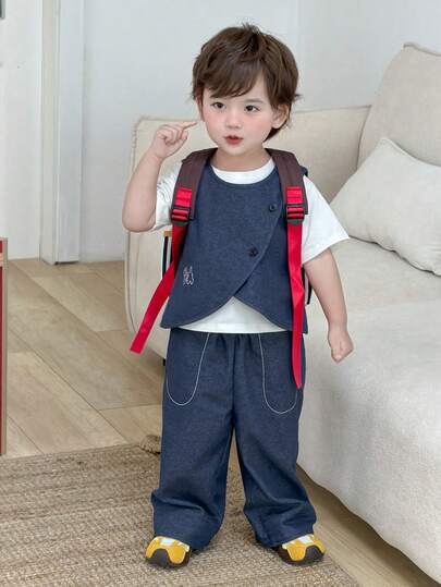 Hapijoa 男童韩版翻领背心裤套装，正式场合服装
