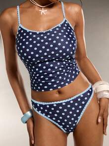 SHEIN Swim 26SS 波点方领吊带背心和比基尼两件套，度假 - 彩色 - 查看 5