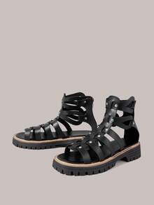 Styleloop Spring And Summer New Korean Version Roman Willow Nails Cool Boots Medium Help Flat Bottom Casual Breathable Sandals Women's Summer - Black - View 2