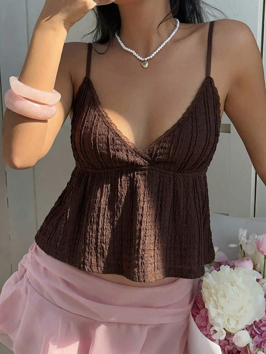 MainGRL Women's Casual Coffee Brown Quilted Camisole, Suitable For Vacation & Valentine's Day - Coffee Brown - View 1