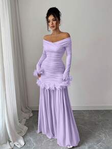 Elenzga New Arrival Spring/Autumn Elegant Romantic Solid Color Ruffle Decor Cross V-Neck Long Sleeve Pleated Fitted Mesh Patchwork Bodycon Dress For Women - Mauve Purple - View 5